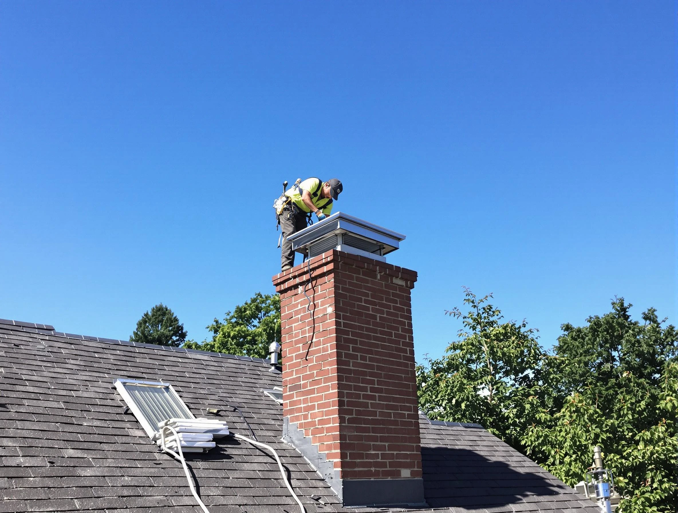 Manchester Chimney Sweep technician measuring a chimney cap in Manchester, VA